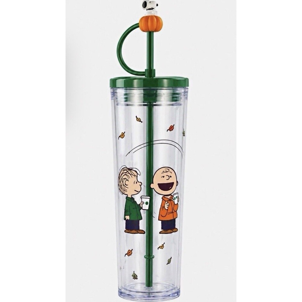 Starbucks X Peanuts Snoopy Clear Cup Tumbler Green Lid Straw Pumpkin Topper NEW